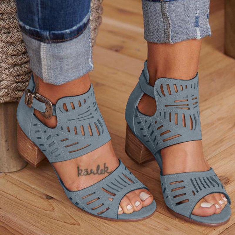 Women Artificial Leather Chunky Heel Adjustable Buckle Sandals Casual Shoes