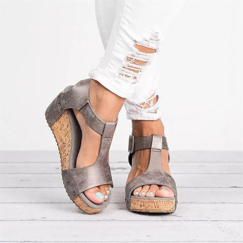 Peep Toe Buckle Strap Wedge Heel Sandals