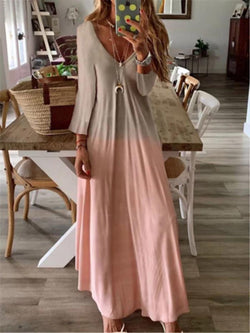 WOMEN GRAPHIC PRINTED CASUAL V-NECK LONG SLEEVE MAXI DRESS