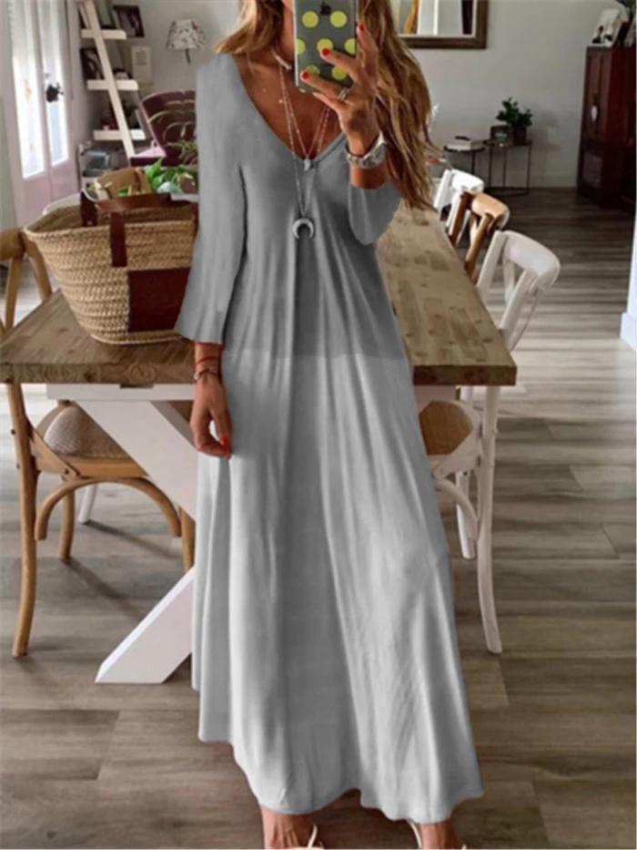 WOMEN GRAPHIC PRINTED CASUAL V-NECK LONG SLEEVE MAXI DRESS