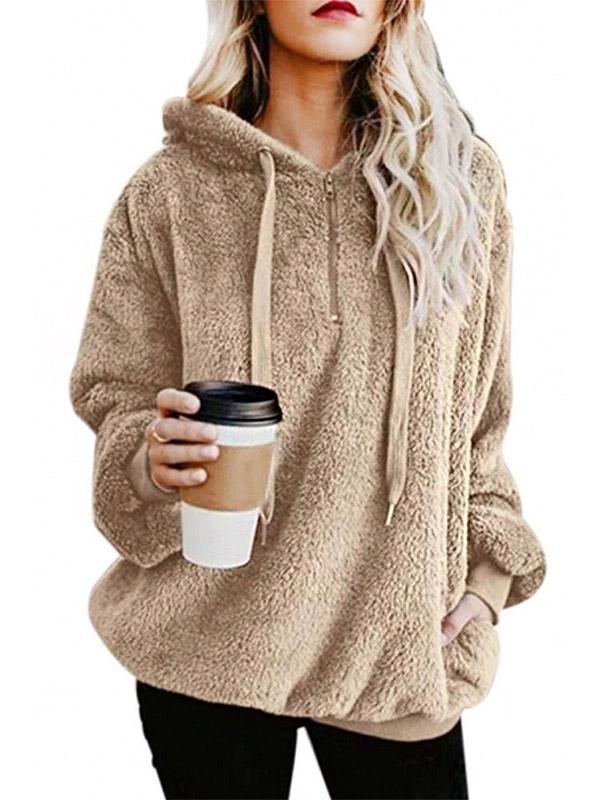 Women Simple Long Sleeve Half Zip Front Plain Oversize Faux Fur Hoodie