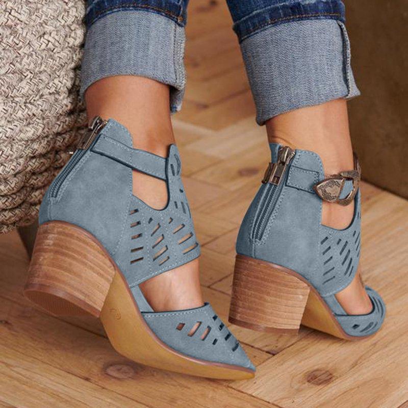 Women Artificial Leather Chunky Heel Adjustable Buckle Sandals Casual Shoes