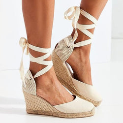 Women Flocking Wedge Sandals Casual Lace Up Shoes