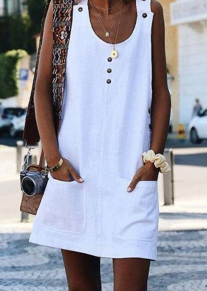 White Crew Neck Buttoned Cotton-Blend Sleeveless Dresses