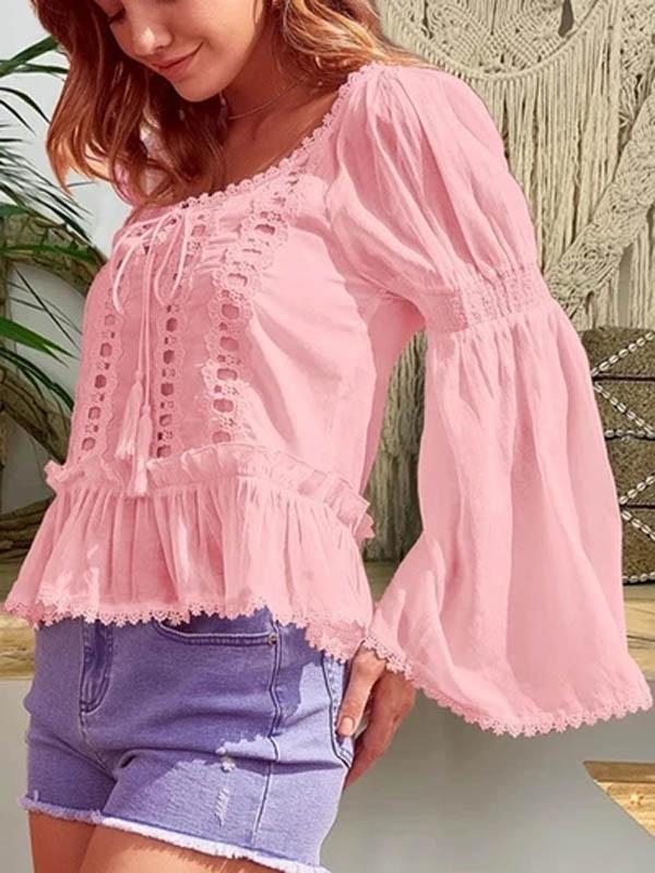 Women Flare sleeve Round Neck Casual Lace Splice Long Sleeve Blouse