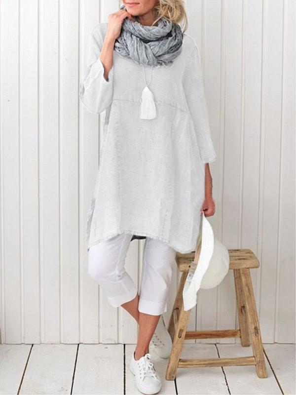 Plus Size Casual Plain Long Sleeve Linen Dress