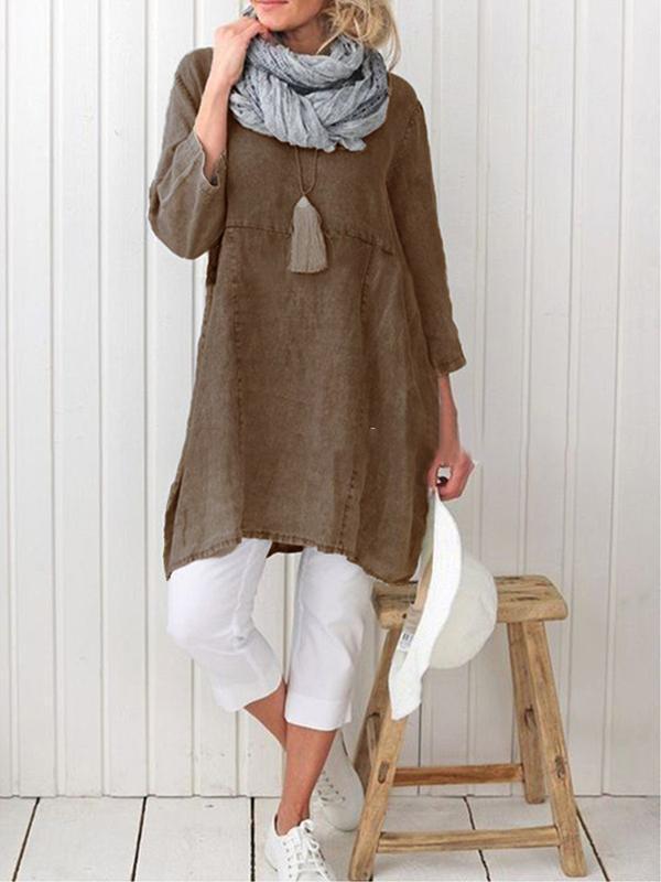 Plus Size Casual Plain Long Sleeve Linen Dress