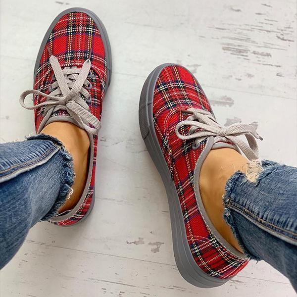 Women Casual Plaid Insert Lace-Up Casual Sneakers