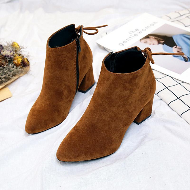 Women Fashion Nubuck Leather Ankle Height Pointed Toe Boots Pumps