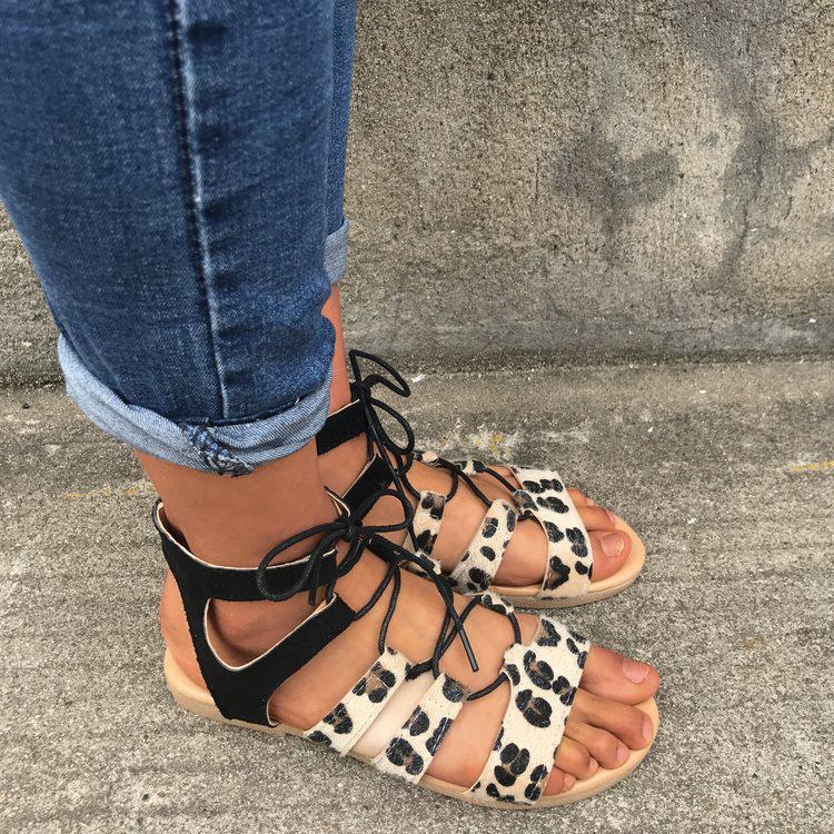 Leopard Patchwrok Lace-up Sandals Peep-toe Shoes