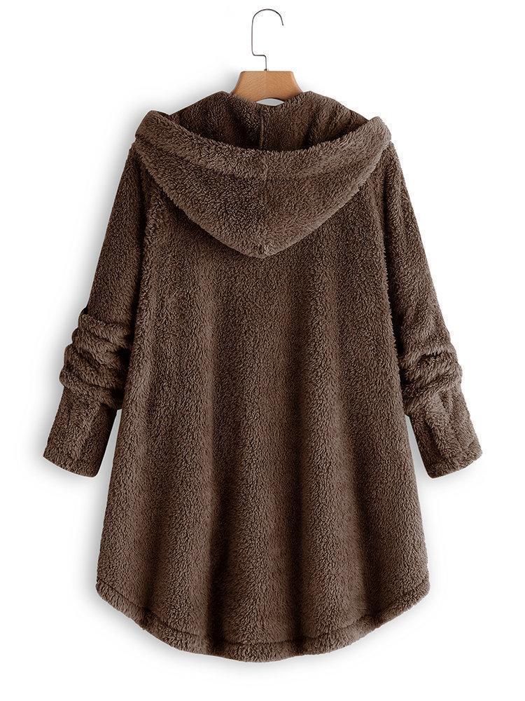 Women Fleece Hooded Asymmetrical Hem Button Coat