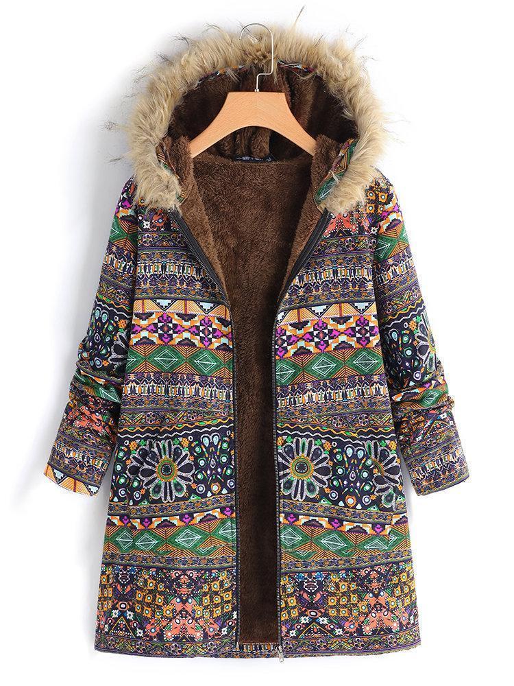 Women Ethnic Printed Faux Fur Hooded Fleece Autumn Winter Coat