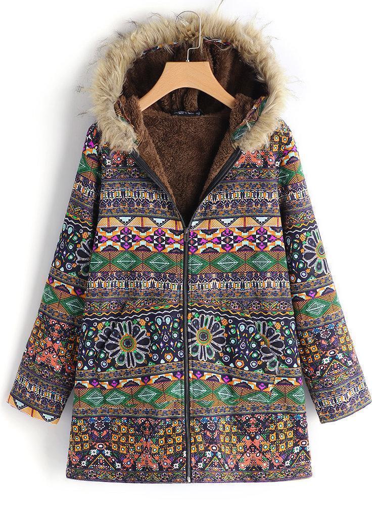 Women Ethnic Printed Faux Fur Hooded Fleece Autumn Winter Coat