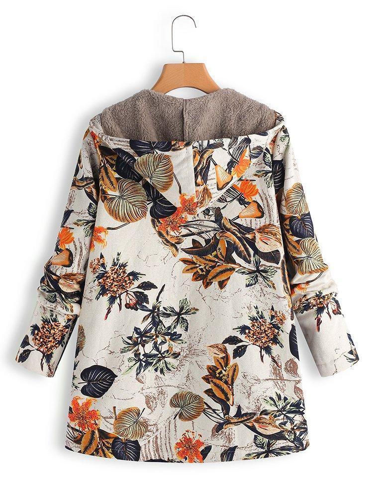 WOMEN FLORAL LONG SLEEVE HOODIE POCKETS WINTER PLUS SIZE COAT